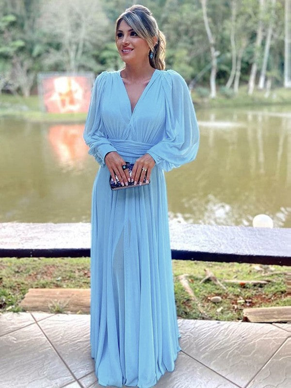Wholesale A-Line/Princess Chiffon Ruffles V-neck Long Sleeves Floor-Length Mother of the Bride Dresses